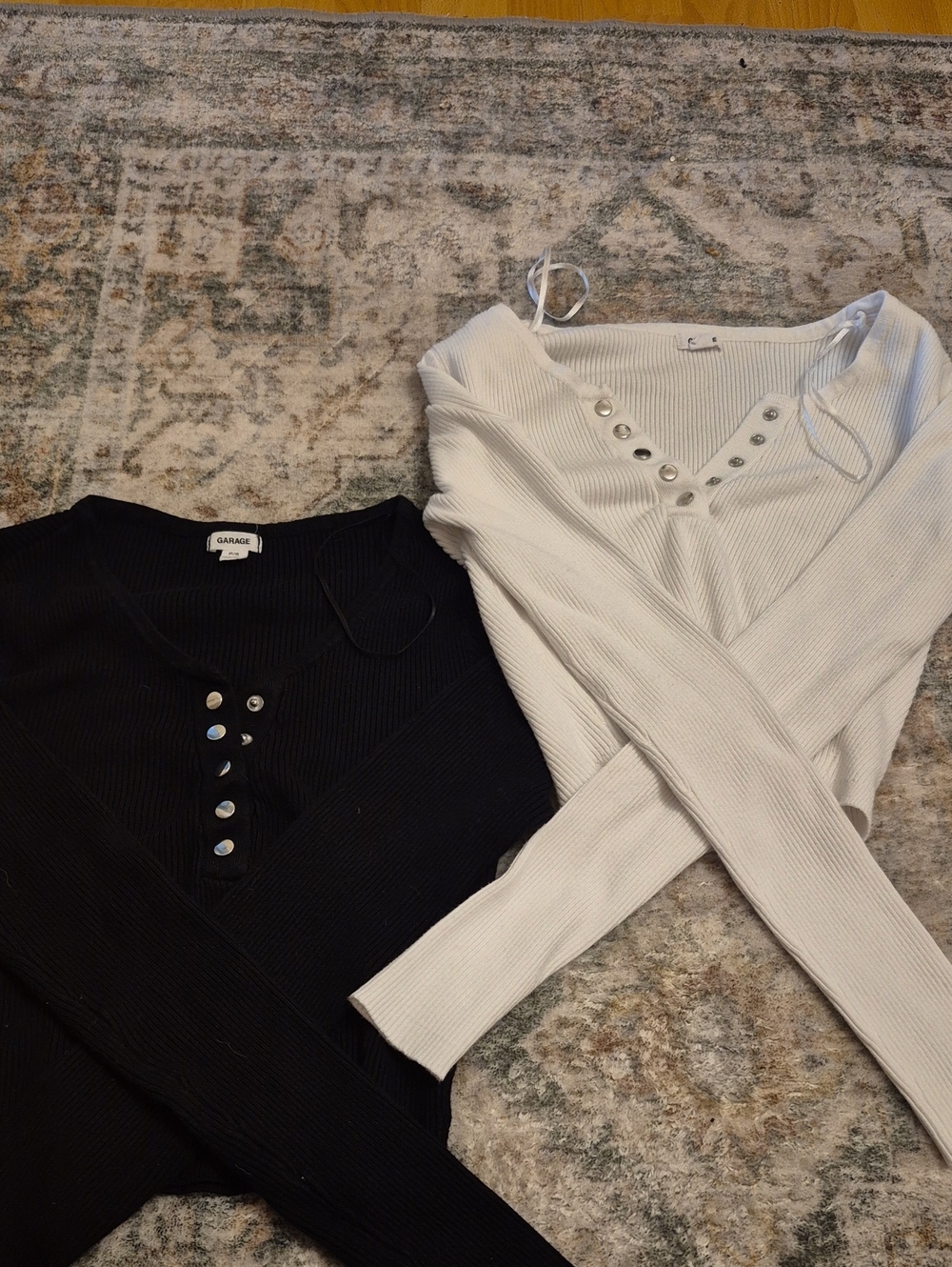 Garage Ribbed V-Neck Henley Sweaters - Black and White